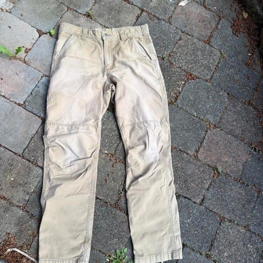 Carhartt Tan Canvas Carpenter Work Pants Mens 34x34 Relaxed Fit Distressed Paint